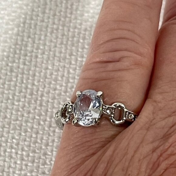 Silver-tone and light blue stone fashion ring.  Appx. size 7 1/4. - Picture 6 of 7